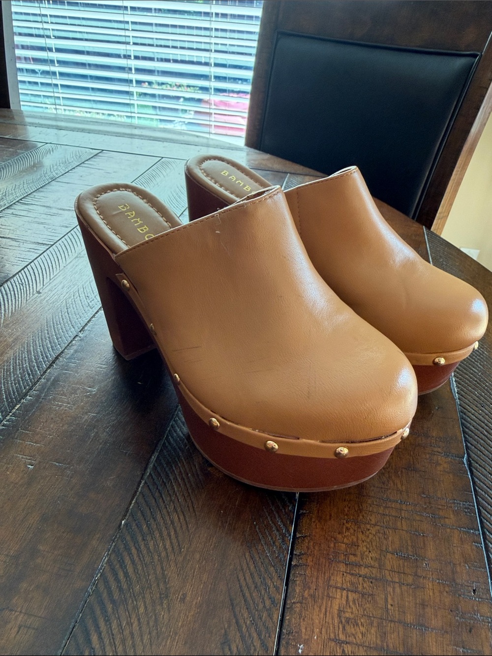 BAMBOO Cognac Brown Platform Mule Heels with Stud Trim